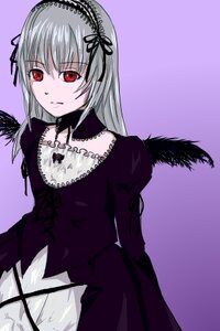 Rating: Safe Score: 0 Tags: 1girl black_wings cowboy_shot cross-laced_clothes detached_collar dress frills hairband image juliet_sleeves long_hair long_sleeves looking_at_viewer puffy_sleeves purple_background red_eyes silver_hair simple_background solo standing suigintou wings User: admin