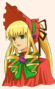 Rating: Safe Score: 0 Tags: 1girl blonde_hair bonnet bow bowtie flower green_bow green_eyes green_neckwear image long_hair rose shinku sidelocks simple_background solo upper_body User: admin