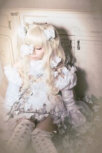 Rating: Safe Score: 0 Tags: 1girl bangs blonde_hair closed_eyes dress flower hair_flower hair_ornament kirakishou lips long_hair sitting solo white_dress white_flower white_rose white_theme User: admin