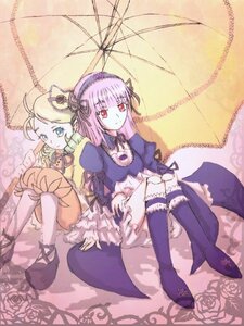 Rating: Safe Score: 0 Tags: 2girls blonde_hair boots dress drill_hair flower frills hairband image kanaria long_hair long_sleeves looking_at_viewer multiple_girls pair parasol red_eyes rose shared_umbrella siblings sitting suigintou umbrella User: admin