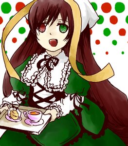 Rating: Safe Score: 0 Tags: 1girl :d brown_hair cup dress food frills green_dress green_eyes head_scarf heterochromia image long_hair long_sleeves looking_at_viewer open_mouth polka_dot polka_dot_background red_eyes smile solo suiseiseki teacup very_long_hair User: admin