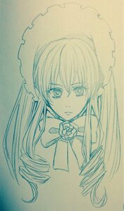 Rating: Safe Score: 0 Tags: 1girl bangs bow closed_mouth drill_hair eyebrows_visible_through_hair flower image long_hair looking_at_viewer monochrome ringlets shinku simple_background solo traditional_media twin_drills User: admin