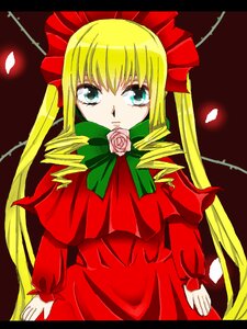 Rating: Safe Score: 0 Tags: 1girl blonde_hair blue_eyes bow bowtie dress flower green_bow image letterboxed long_hair long_sleeves looking_at_viewer pink_rose red_dress rose shinku simple_background solo twintails very_long_hair User: admin