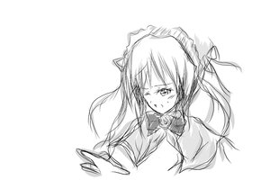 Rating: Safe Score: 0 Tags: 1girl bow bowtie image long_hair long_sleeves maid_headdress monochrome one_eye_closed shinku simple_background sketch solo twintails white_background User: admin