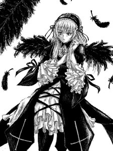 Rating: Safe Score: 0 Tags: 1girl auto_tagged black_wings dress feathered_wings feathers flower frills greyscale hairband image long_hair long_sleeves looking_at_viewer monochrome ribbon rose solo standing suigintou white_background wings User: admin