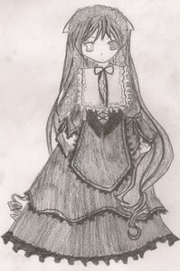 Rating: Safe Score: 0 Tags: 1girl blush dress frills full_body greyscale image lolita_fashion long_hair long_sleeves looking_at_viewer monochrome solo standing suiseiseki traditional_media very_long_hair User: admin