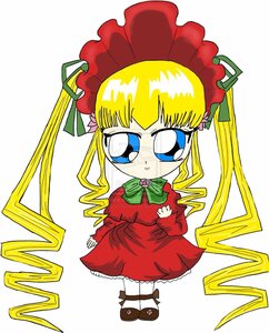 Rating: Safe Score: 0 Tags: 1girl blonde_hair blue_eyes bonnet bow bowtie chibi dress full_body green_bow image long_hair long_sleeves red_dress shinku simple_background solo white_background User: admin