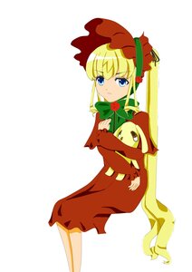 Rating: Safe Score: 0 Tags: 1girl blonde_hair blue_eyes bonnet bow bowtie dress flower full_body green_bow hat image long_hair long_sleeves looking_at_viewer red_dress rose shinku simple_background sitting solo standing very_long_hair white_background User: admin