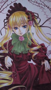 Rating: Safe Score: 0 Tags: 1girl blonde_hair blue_eyes bonnet bow bowtie dress drill_hair flower green_bow green_neckwear image long_hair long_sleeves looking_at_viewer pink_rose red_dress rose shinku sidelocks signature solo twintails User: admin