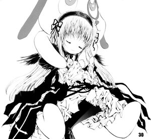 Rating: Safe Score: 0 Tags: 1girl closed_eyes dress frills greyscale hairband long_hair long_sleeves monochrome simple_background sitting sleeping solo suigintou very_long_hair wings User: admin