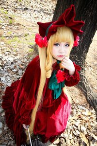 Rating: Safe Score: 0 Tags: 1girl blonde_hair blue_eyes bow dress flower lips long_hair realistic red_dress shinku solo User: admin