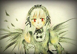 Rating: Safe Score: 0 Tags: 1girl bangs black_ribbon closed_mouth dress eyebrows_visible_through_hair frills hairband image long_hair long_sleeves looking_at_viewer red_eyes ribbon rose silver_hair smile solo suigintou traditional_media upper_body wings User: admin