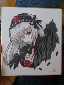 Rating: Safe Score: 0 Tags: 1girl black_dress black_wings dress feathers flower frills hairband image long_hair long_sleeves looking_at_viewer marker_(medium) photo red_eyes red_flower red_rose rose shikishi silver_hair simple_background solo suigintou traditional_media wings User: admin
