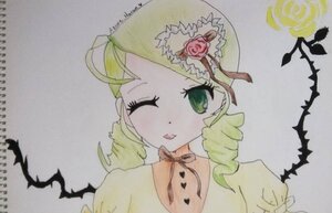 Rating: Safe Score: 0 Tags: 1girl blonde_hair blush drill_hair flower green_eyes hat image kanaria looking_at_viewer one_eye_closed photo rose simple_background solo traditional_media twin_drills upper_body User: admin