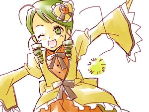 Rating: Safe Score: 0 Tags: 1girl ahoge bow dress drill_hair flower frills green_eyes green_hair hair_ornament image kanaria long_sleeves one_eye_closed open_mouth smile solo white_background User: admin