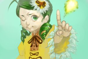 Rating: Safe Score: 0 Tags: 1girl antenna_hair drill_hair flower green_eyes green_hair hair_flower hair_ornament image kanaria long_sleeves neck_ribbon one_eye_closed pointing ribbon rose solo twin_drills upper_body yellow_dress User: admin