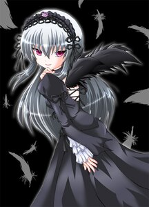 Rating: Safe Score: 0 Tags: 1girl black_background black_dress black_ribbon black_theme black_wings blush dress feathers frilled_sleeves frills hair_ribbon hairband image juliet_sleeves lolita_hairband long_hair long_sleeves looking_at_viewer pink_eyes puffy_sleeves ribbon rozen_maiden silver_hair simple_background solo standing suigintou utanone_shion wings User: admin