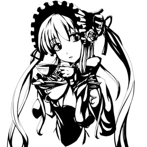 Rating: Safe Score: 0 Tags: 1girl bonnet dress flower greyscale image lolita_hairband long_hair long_sleeves looking_at_viewer monochrome rose shinku simple_background solo upper_body very_long_hair white_background User: admin