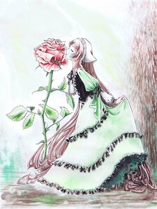 Rating: Safe Score: 0 Tags: 1girl apron bouquet brown_hair closed_eyes dress flower frills full_body green_dress head_scarf image juliet_sleeves long_hair long_sleeves profile puffy_sleeves solo suiseiseki traditional_media very_long_hair watercolor_(medium) white_apron User: admin