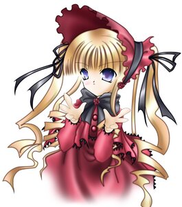 Rating: Safe Score: 0 Tags: 1girl blonde_hair blue_eyes bonnet bow dress image long_hair long_sleeves looking_at_viewer red_dress ribbon shinku simple_background solo twintails white_background User: admin