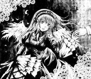 Rating: Safe Score: 0 Tags: 1girl auto_tagged dress feathers flower frills greyscale hairband image jewelry long_hair long_sleeves looking_at_viewer monochrome petals ribbon ring solo suigintou wings User: admin