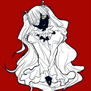 Rating: Safe Score: 0 Tags: 1girl covered_mouth dress frilled_dress frills image kirakishou long_hair looking_at_viewer monochrome red_background simple_background sitting solo spot_color yellow_eyes User: admin