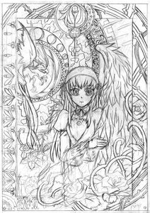Rating: Safe Score: 0 Tags: 1girl akemi_homura akuma_homura border choker dress feathered_wings flower greyscale image lineart long_hair long_sleeves looking_at_viewer monochrome ribbon simple_background solo suigintou User: admin
