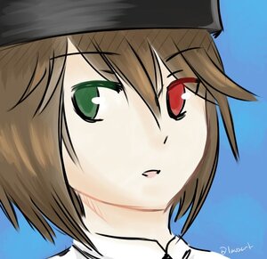 Rating: Safe Score: 0 Tags: 1girl blue_background blush brown_hair close-up eyebrows_visible_through_hair face green_eyes hat image open_mouth short_hair simple_background solo souseiseki User: admin