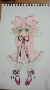 Rating: Safe Score: 0 Tags: 1girl auto_tagged blonde_hair blush bow dress frills full_body green_eyes hair_bow hina_ichigo hinaichigo image long_sleeves looking_at_viewer photo pink_bow shoes short_hair simple_background smile solo standing traditional_media User: admin