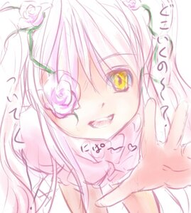 Rating: Safe Score: 0 Tags: 1girl flower hair_ornament image kirakishou looking_at_viewer open_mouth pink_flower pink_hair pink_rose rose smile solo white_flower white_rose yellow_eyes User: admin