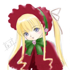 Rating: Safe Score: 0 Tags: 1girl blonde_hair blue_eyes blush bonnet bow bowtie capelet dress flower green_bow green_neckwear image long_hair long_sleeves looking_at_viewer red_capelet red_dress rose shinku sidelocks signature simple_background solo twintails upper_body white_background User: admin