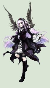 Rating: Safe Score: 0 Tags: 1girl black_footwear black_wings boots cross-laced_clothes dress feathers frills full_body hairband image knee_boots lolita_fashion long_hair long_sleeves looking_at_viewer purple_eyes ribbon silver_hair simple_background solo suigintou very_long_hair wings User: admin