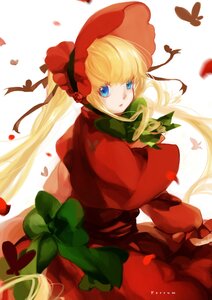 Rating: Safe Score: 0 Tags: 1girl blonde_hair blue_eyes bonnet bow bug butterfly capelet dress flower green_bow green_neckwear image insect long_hair long_sleeves looking_at_viewer looking_back petals red_dress shinku solo twintails white_background User: admin