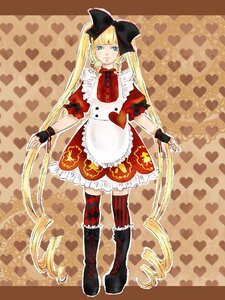 Rating: Safe Score: 0 Tags: 1girl apron blonde_hair blue_eyes boots bow dress drill_hair fingerless_gloves gloves heart image long_hair shinku solo striped_legwear thighhighs twintails very_long_hair User: admin