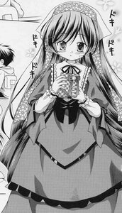 Rating: Safe Score: 0 Tags: 1boy 1girl blush comic dress frills greyscale image long_hair long_sleeves monochrome neck_ribbon ribbon solo suiseiseki very_long_hair User: admin