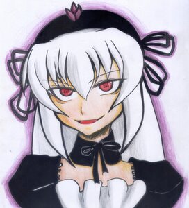 Rating: Safe Score: 0 Tags: 1girl black_ribbon dress image long_hair long_sleeves looking_at_viewer open_mouth red_eyes ribbon simple_background smile solo suigintou traditional_media upper_body white_background User: admin