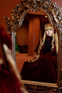 Rating: Safe Score: 0 Tags: 1girl blonde_hair blue_eyes blurry blurry_background blurry_foreground curtains depth_of_field dress flower lips long_hair looking_at_viewer red_dress reflection rose shinku solo twintails User: admin