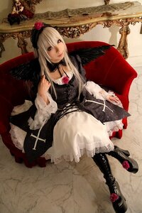 Rating: Safe Score: 0 Tags: 1girl blonde_hair boots dress flower frills gothic_lolita lolita_fashion long_hair photo red_flower red_rose rose silver_hair sitting solo suigintou wings User: admin