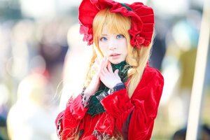 Rating: Safe Score: 0 Tags: 1girl bangs blonde_hair blue_eyes blurry blurry_background bonnet bow depth_of_field dress flower lips long_hair long_sleeves photo red_dress red_flower rose shinku solo upper_body User: admin