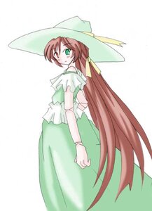 Rating: Safe Score: 0 Tags: 1girl blush brown_hair dress green_dress green_eyes hat heterochromia image long_hair looking_at_viewer looking_back red_eyes simple_background solo striped suiseiseki very_long_hair white_background User: admin