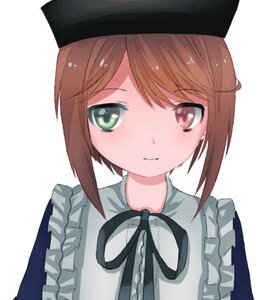 Rating: Safe Score: 0 Tags: 1girl apron bangs black_headwear brown_hair closed_mouth eyebrows_visible_through_hair frills hat image looking_at_viewer ribbon short_hair simple_background smile solo souseiseki striped upper_body white_background User: admin