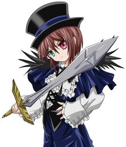Rating: Safe Score: 0 Tags: 1girl black_headwear blue_dress brown_hair costume_switch dress frills green_eyes hat heterochromia holding image long_sleeves looking_at_viewer red_eyes solo souseiseki striped top_hat weapon white_background User: admin