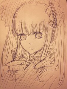 Rating: Safe Score: 0 Tags: 1girl bangs closed_mouth eyebrows_visible_through_hair hair_ornament image long_hair looking_at_viewer monochrome shinku simple_background sketch smile solo traditional_media upper_body User: admin