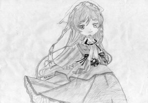 Rating: Safe Score: 0 Tags: 1girl dress frills greyscale image long_hair long_sleeves looking_at_viewer monochrome smile solo suiseiseki traditional_media very_long_hair User: admin