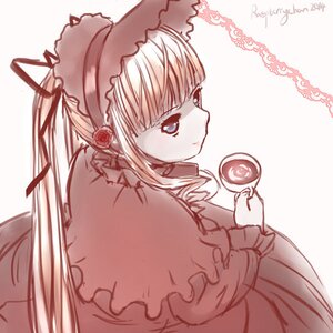 Rating: Safe Score: 0 Tags: 1girl bonnet cup frills hairband holding holding_cup image lolita_fashion long_hair looking_at_viewer monochrome rose shinku simple_background smile solo tea teacup User: admin
