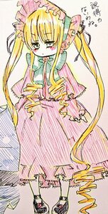 Rating: Safe Score: 0 Tags: 1girl blonde_hair blush bow dress frills full_body image long_hair long_sleeves looking_at_viewer pink_dress shinku shoes sidelocks simple_background solo standing traditional_media twintails very_long_hair User: admin