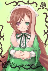 Rating: Safe Score: 0 Tags: 1girl brown_hair dress flower frills green_dress green_eyes heterochromia image long_hair long_sleeves looking_at_viewer pink_rose plant red_eyes rose smile solo suiseiseki very_long_hair vines watering_can User: admin