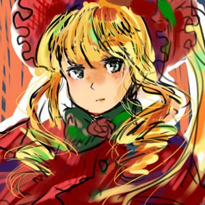 Rating: Safe Score: 0 Tags: 1girl bangs blonde_hair blue_eyes bonnet bow dress drill_hair flower hat image long_hair long_sleeves looking_at_viewer rose shinku simple_background solo upper_body User: admin