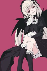 Rating: Safe Score: 0 Tags: 1girl black_dress black_wings dress frills hairband image kneehighs long_hair long_sleeves looking_at_viewer red_eyes simple_background sitting smile solo suigintou wings User: admin