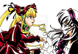 Rating: Safe Score: 0 Tags: 2girls blonde_hair blue_eyes bonnet dress frilled_sleeves frills image long_hair long_sleeves looking_at_another multiple_girls pair red_dress shinku simple_background suigintou upper_body white_background User: admin
